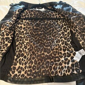 DKNY Sleek Black Faux Leather Racer-style Moto Jacket Leopard Lining Medium NWT